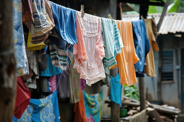 A bunch of clothes hanging on a clothes line