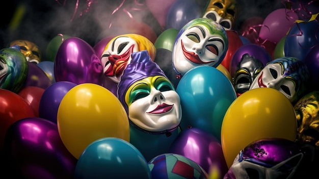 A bunch of clown masks are surrounded by balloons.