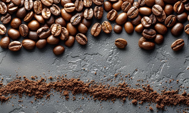 A bunch of coffee beans and ground coffee on a table with a black background and a white line in the