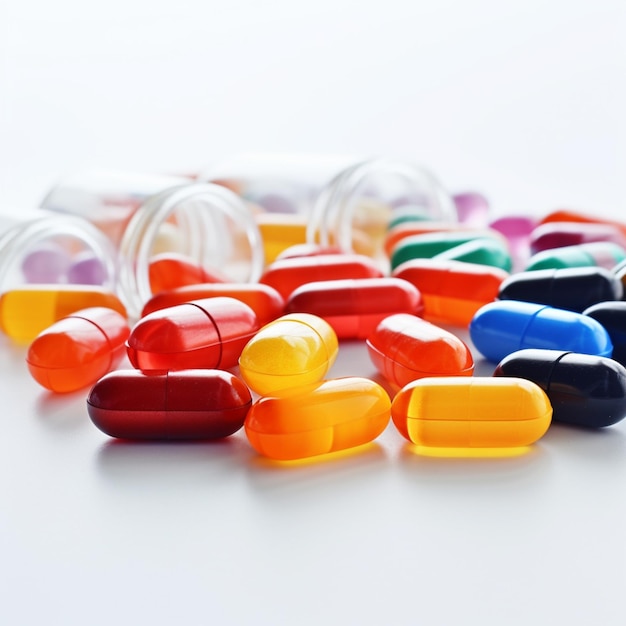 A bunch of colored pills that are on a table