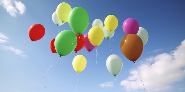 A bunch of colorful balloons are flying in the sky.