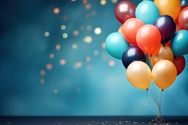 a bunch of colorful balloons on a blue background with bokeh and copy space