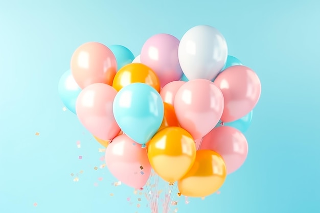 Bunch of colorful balloons on light blue background copy space for text Ai generated