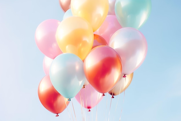 Bunch of colorful balloons on light blue background copy space for text Ai generated