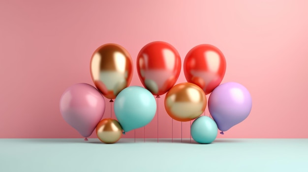 A bunch of colorful balloons on a pink background