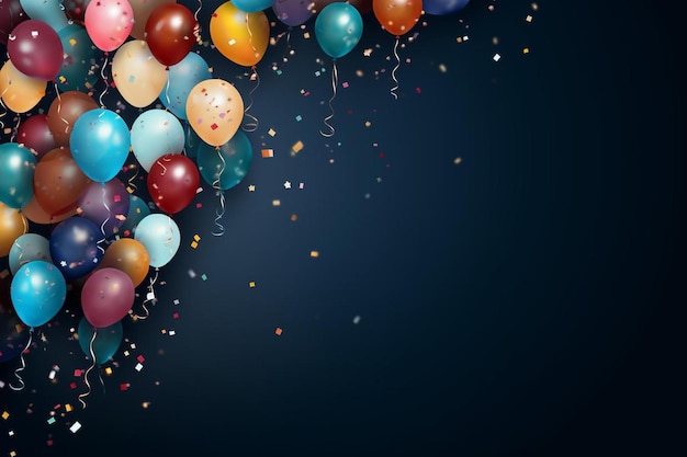 A bunch of colorful balloons with a blue background with a few confetti on the bottom.