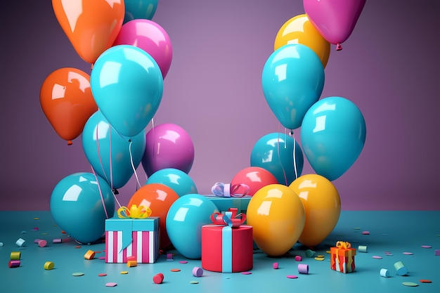 A bunch of colorful balloons with a bunch of presents on the floor