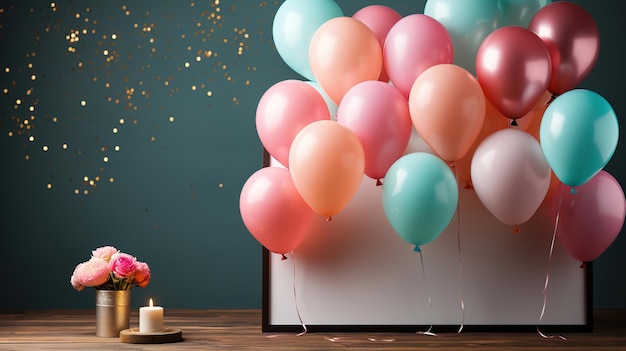 a bunch of colorful balloons with gold glitter on the top