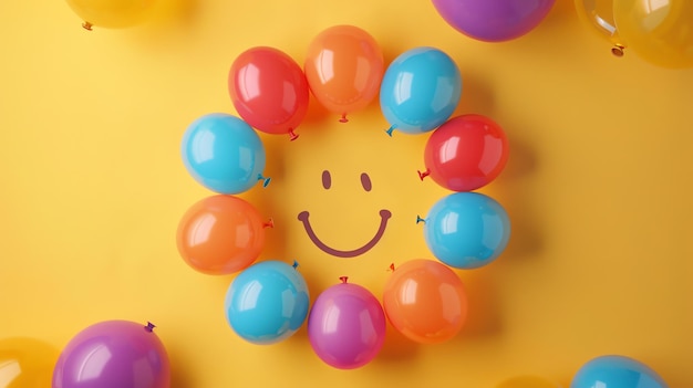 Foto un mucchio di palloncini colorati con una faccia sorridente su di loro