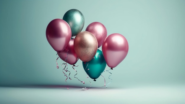 Куча разноцветных воздушных шаров со словом "день рождения" внизу