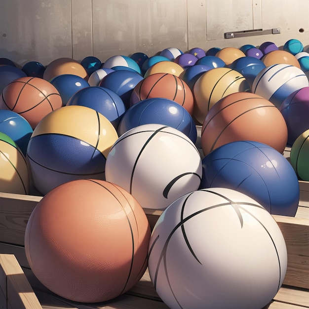 A bunch of colorful balls are on a crate.