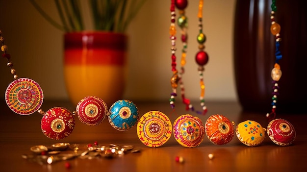 A bunch of colorful beads are on a table and one of them has a vase in the middle.