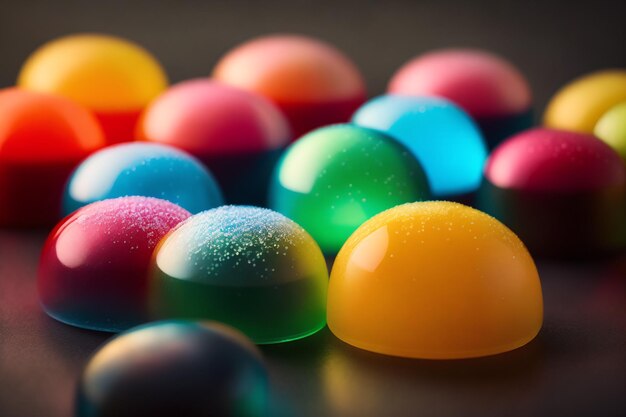 Куча разноцветных конфет с одной из них на столе