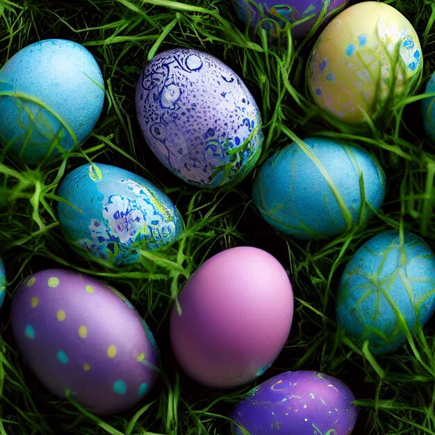 A bunch of colorful easter eggs are laying in the grass.