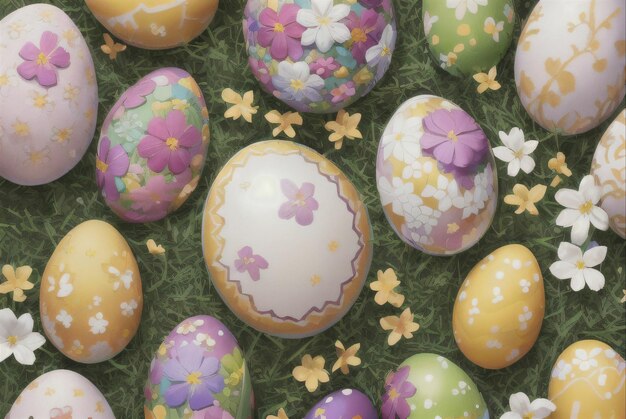 A bunch of colorful easter eggs are laying on the grass.