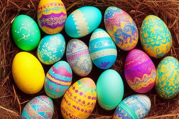 A bunch of colorful easter eggs are on a straw.