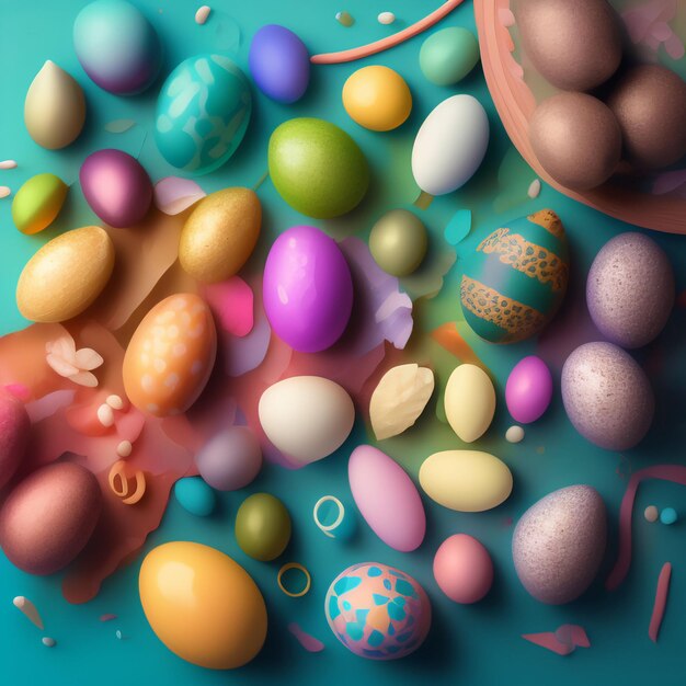 A bunch of colorful easter eggs are on a table.