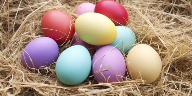 A bunch of colorful easter eggs in a straw nest.