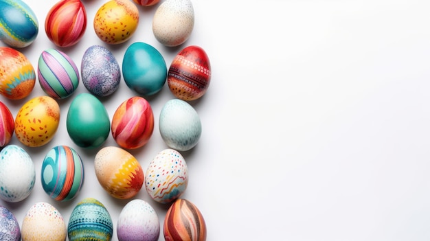 A bunch of colorful easter eggs on a white background