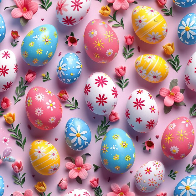 a bunch of colorful easter eggs with flowers generative ai