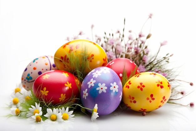 A bunch of colorful easter eggs with flowers on the table