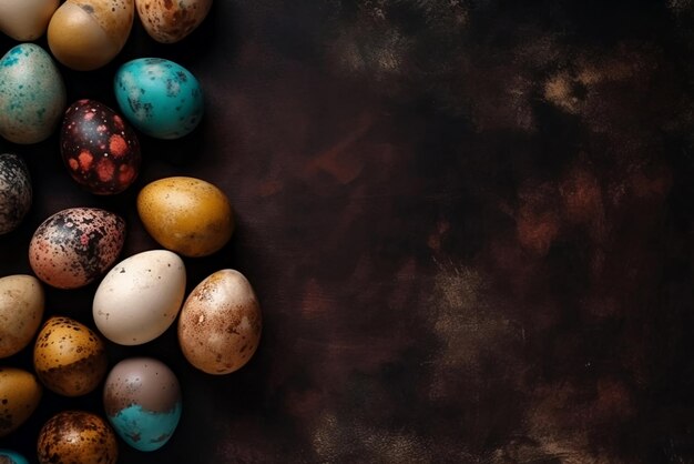 A bunch of colorful eggs on a dark background