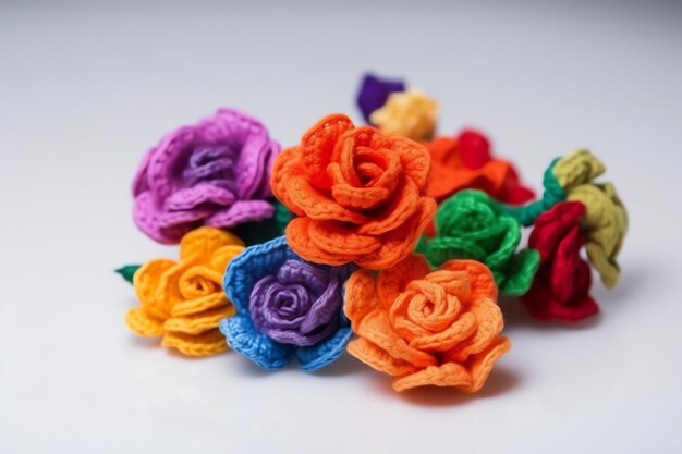 A bunch of colorful felt flowers are laid out on a white table