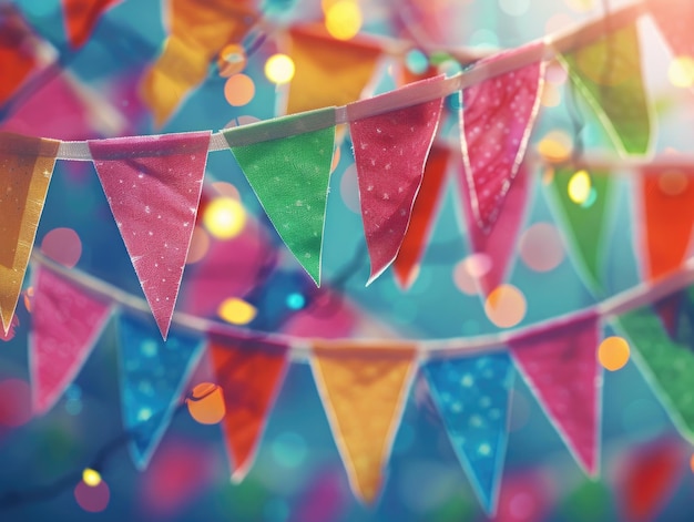 A bunch of colorful flags hanging from a string The flags are of different colors and sizes and they are arranged in a way that creates a festive and lively atmosphere