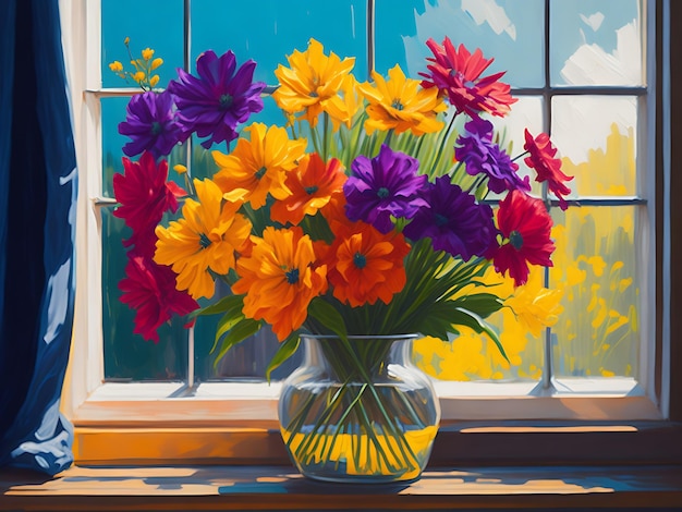 Bunch of Colorful Flowers Against Sunny Window Painting AI generative Canvas Texture Brush Stroke