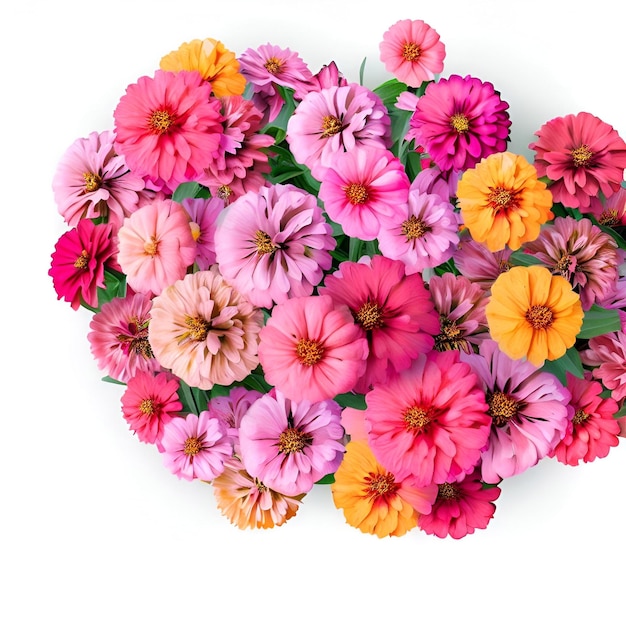 A bunch of colorful flowers are in a pot on a white background.