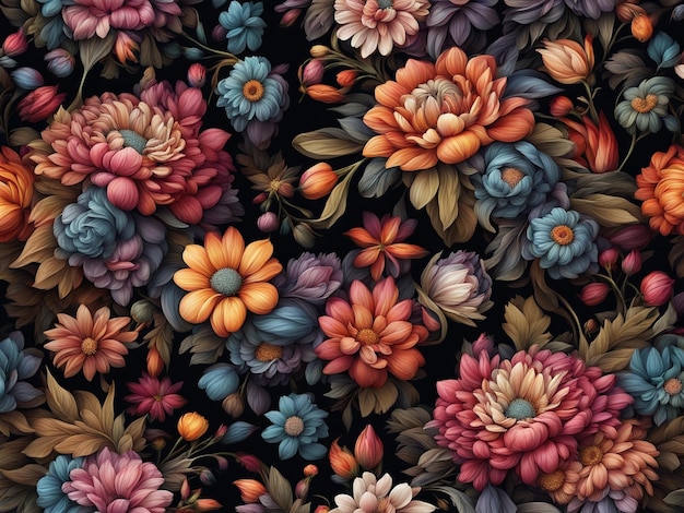 a bunch of colorful flowers on a black background dark flower pattern wallpaper intricate flower d