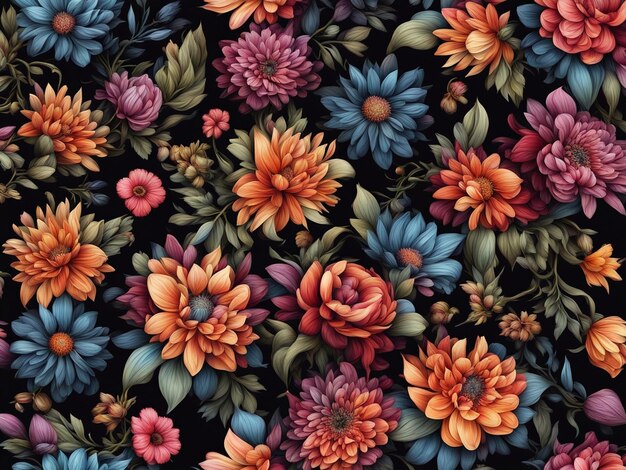 a bunch of colorful flowers on a black background dark flower pattern wallpaper intricate flower d