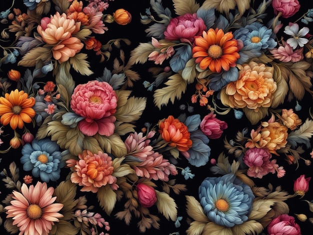 a bunch of colorful flowers on a black background dark flower pattern wallpaper intricate flower d