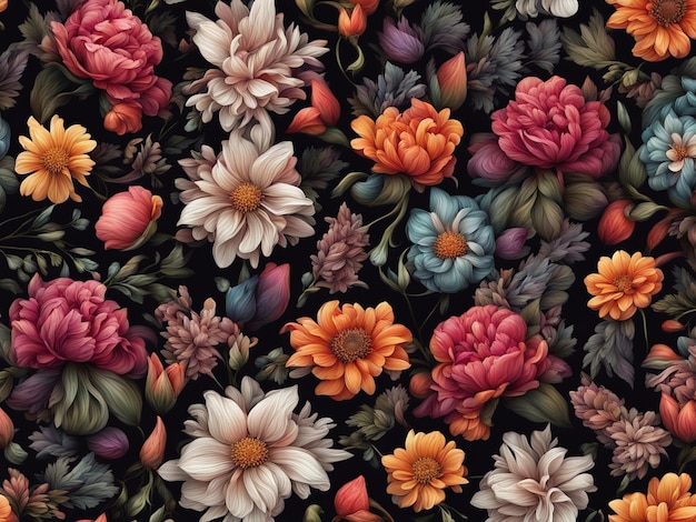 Photo a bunch of colorful flowers on a black background dark flower pattern wallpaper intricate flower d