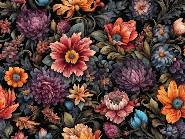 Photo a bunch of colorful flowers on a black background dark flower pattern wallpaper intricate flower d