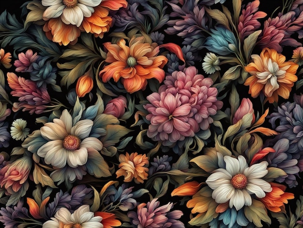 Foto un mazzo di fiori colorati su sfondo nero carta da parati con motivi floreali scuri fiori intricati d