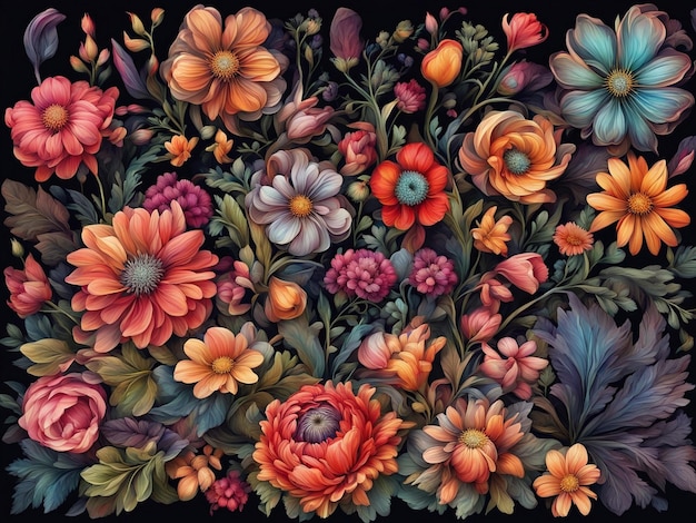 Foto un mazzo di fiori colorati su sfondo nero carta da parati con motivi floreali scuri fiori intricati d