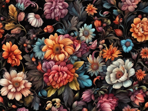 Photo a bunch of colorful flowers on a black background dark flower pattern wallpaper intricate flower d