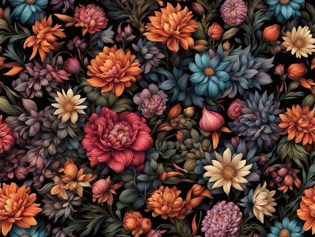 Photo a bunch of colorful flowers on a black background dark flower pattern wallpaper intricate flower d