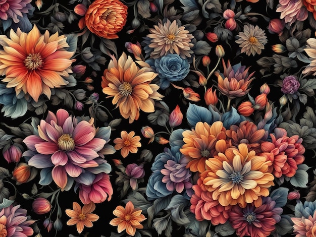 a bunch of colorful flowers on a black background dark flower pattern wallpaper intricate flower d