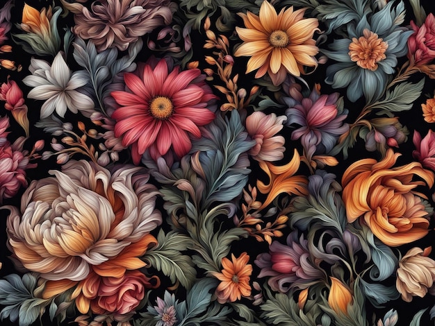 검은색 배경의 다채로운 꽃  ⁇ 어리 어두운 꽃 패턴 벽지 복잡한 꽃 d