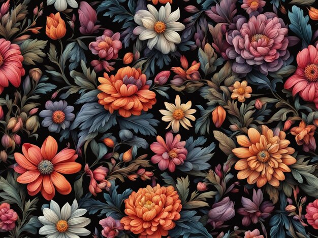 Photo a bunch of colorful flowers on a black background dark flower pattern wallpaper intricate flower d