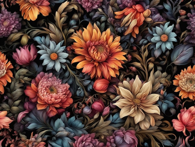 a bunch of colorful flowers on a black background dark flower pattern wallpaper intricate flower d