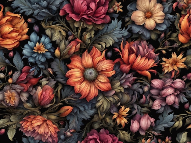 검은색 배경의 다채로운 꽃  ⁇ 어리 어두운 꽃 패턴 벽지 복잡한 꽃 d