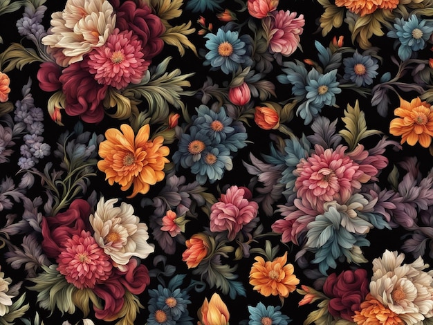 Foto un mazzo di fiori colorati su uno sfondo nero modello di fiore scuro carta da parati fiore intricato d