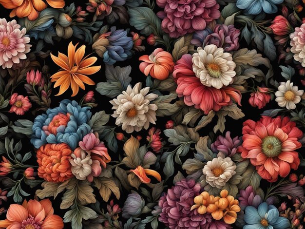 Foto un mazzo di fiori colorati su uno sfondo nero modello di fiore scuro carta da parati fiore intricato d