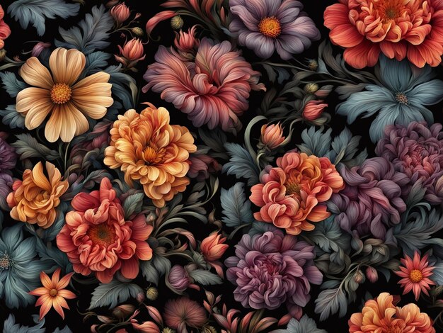 Photo a bunch of colorful flowers on a black background dark flower pattern wallpaper intricate flower d