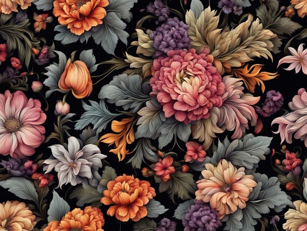 Foto un mazzo di fiori colorati su uno sfondo nero modello di fiore scuro carta da parati fiore intricato d