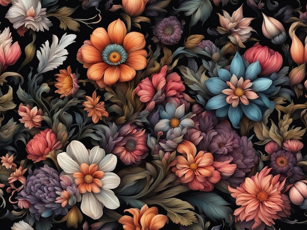 Photo a bunch of colorful flowers on a black background dark flower pattern wallpaper intricate flower d