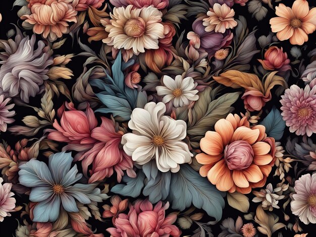 Foto un mazzo di fiori colorati su sfondo nero carta da parati con motivi floreali scuri fiori intricati d